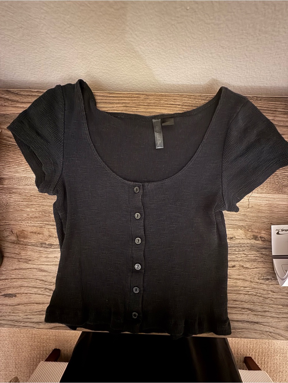 Classic Black Scoop Neck Button-Front Ribbed Top - Women's